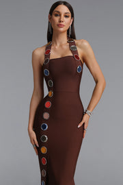 Dixie Halter Sleeveless Diamond Brown Bandage Maxi Dress